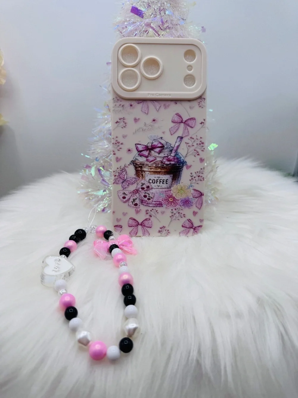 Cute Pink Bow Coffee iPhone 17 Pro Max Case + Beaded Charm – Girly Aesthetic